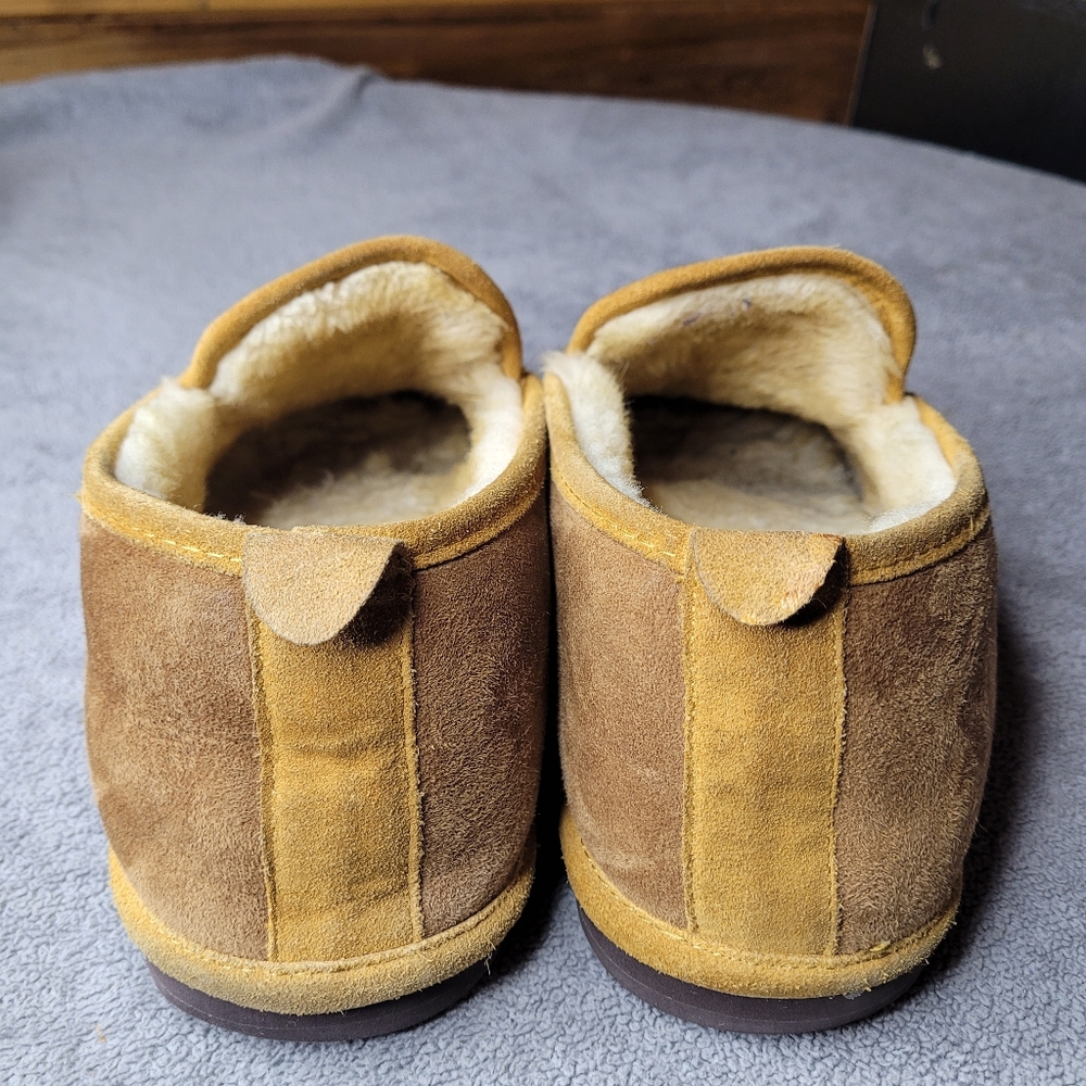 LL Bean Wicked Good Slippers Mens 13 M Faux Fur Lined Brown Leather Slip On Read - Picture 4 of 7